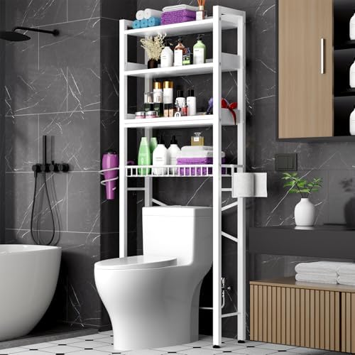 Over The Toilet Storage Cabinet,4 Tier Bathroom Organizer and Storage With Adjustable Shelf Waterproof Feet Pad and Basket Multifunctional Space Saver Freestanding Bathroom Shelves With Dividers White by Unknown