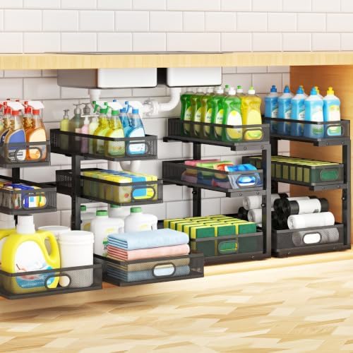 Under Sink Organizer 3 Tier, 4 Pack L-Shaped Pull-Out Cabinet Organizer with Sliding Metal Mesh Drawers, Height Adjustable Under Sink Storage Rack for Kitchen Bathroom Cabinet, Black by AURIKAR