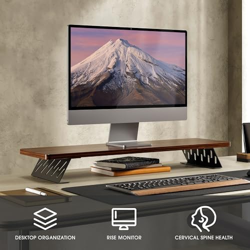 Fenge Monitor Stand Riser, Wooden & Metal Desk Shelf Organizer, Brown - Image 2