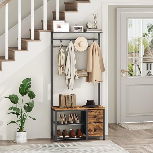 YATINEY 5-in-1 Hall Tree with Drawers, Entryway Bench with 8 Adjustable Coat Rack and Shoe Storage, Industrial Coat Rack with Bench for Entryway and Front Door, Rustic Brown and Black MT06BR - Image 2