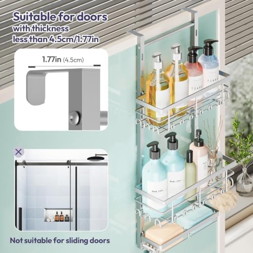SWTYMIKI Over The Door Shower Caddy - 3 Tier Rustproof Hanging Shower Organizer with Adjustable Shelves, 28 Hooks & Soap Holder, Hanging Shower Rack Storage for Bathroom Accessories, Silver - Image 5
