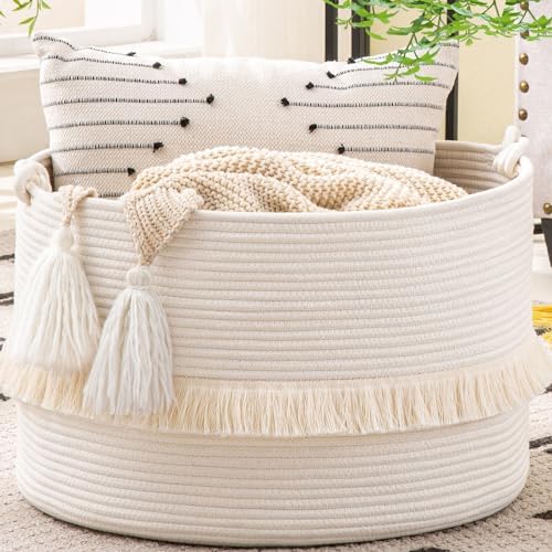 KAKAMAY Large Blanket Basket (20"x13"),Woven Baskets for storage Baby Laundry Hamper, Cotton Rope Blanket Basket for Living Room, Laundry, Nursery, Pillows, Baby Toy chest (White) by KAKAMAY