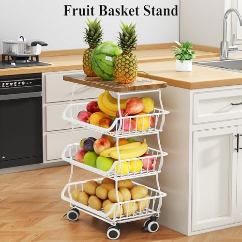 SAYZH 4-Tier Fruit and Vegetable Basket Stand for Kitchen, Wood Top, White - Image 5