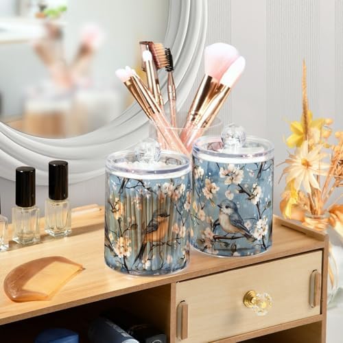 Fustylead 4 Pack Cute Blue Birds on Flowering Tree Of Cherry Qtip Holder Dispensers for Cotton Swab, Ball, Round Pads, Floss, Plastic Apothecary Jar Set for Bathroom Canister Storage - Image 5