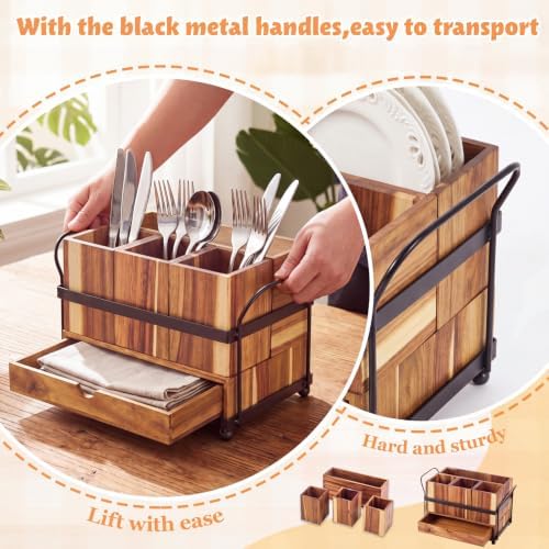 Qunclay Acacia Wood Silverware Caddy with Drawer, 4 Compartments - Image 3