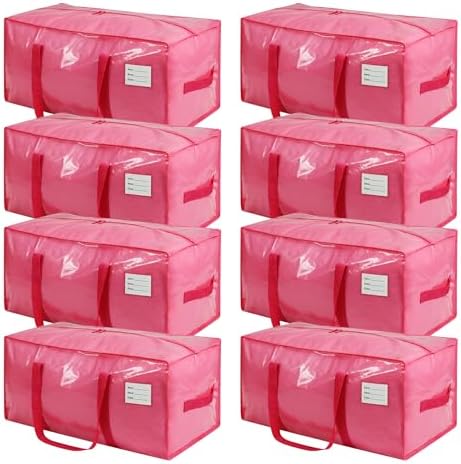 VTSVTS 8 Pack Extra Heavy Duty Large Moving Bags with Comfortable Handle & Strong Zipper,Storage Totes for Space Saving Moving Storage College Supplies Alternative to Moving Box,Pink by VTSVTS