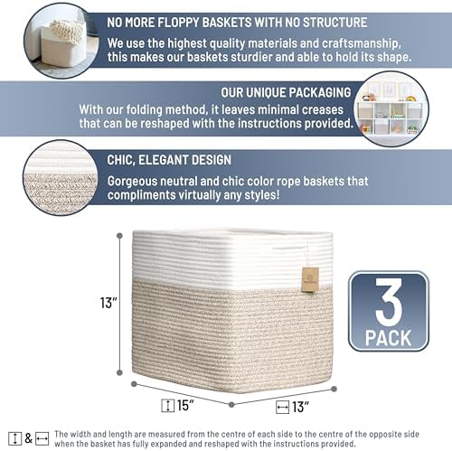 NaturalCozy 13x15x13 Kallax Storage Cubes Bins, 3 Pack | Cotton Rope Cube Storage Bin Woven Baskets for Organizing | Kallax Insert Storage Baskets for Shelves Organizer, Kids Toy, Closet Baby Nursery - Image 2