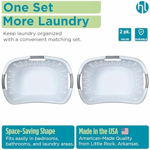 Home Logic 1.75 Bushel Plastic Laundry Basket with Hip Grip, Large Laundry Hamper with Handles, Ventilated Clothes Organizer for Bedroom Bathroom Closet, 2 Pack, White - Image 6