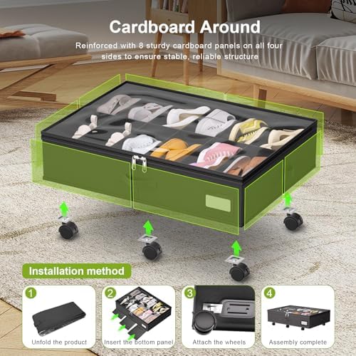 homyfort Under Bed Shoe Storage with Wheels, Fits 24 Pairs, Rolling Shoe Organizer with Bottom Support & Clear Lids, Sturdy Under Bed Storage Box for Shoes, Set of 2, Black - Image 6