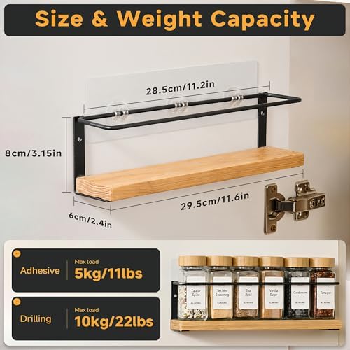 4-Tier Wall Mount Spice Rack Organizer with 24 Glass Jars, 216 Labels & Funnel - Screw/Adhesive Mount, Black Metal & Bamboo Spice Storage for Kitchen Pantry Cabinet, 11.6”W x 2.4”D x 3.2”H - Image 4