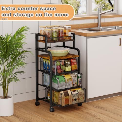 Yociyoga Fruit Vegetable Storage Cart, Kitchen Rolling Cart with Wheels, 4 Tier Pantry Organizer and Storage Cart with Drawer, Wooden Top Kitchen Organizer Rack Stand for Onion Potato Can Snack - Image 5