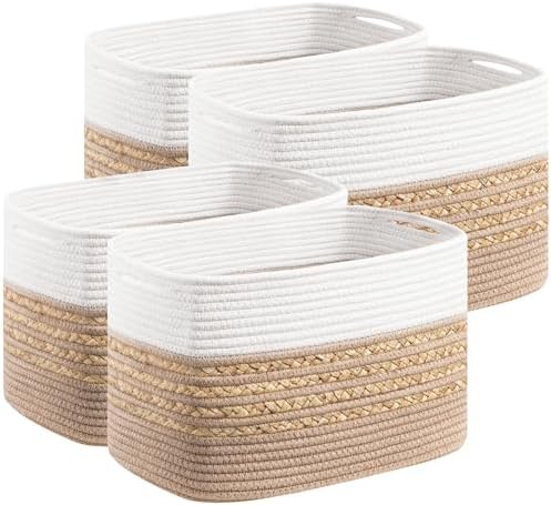 UBBCARE 4 Pack Baskets for Organizing, Woven Storage Baskets for Toys and Towel, Rectangle Cotton Rope Basket with Handles, 14''L x 8''W x9''H, Brown by UBBCARE