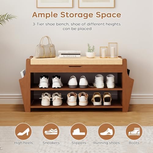 Shoe Bench 34.3in, Bamboo 3-Tier Entryway Bench with Storage, Shoe Rack - Image 6