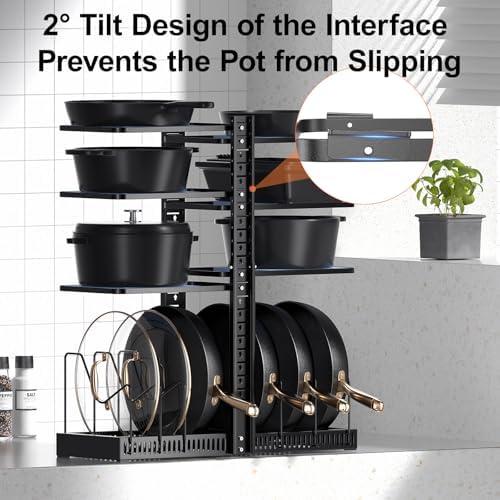 LAMU Pots and Pans Organizer under Cabinet, Adjustable Height Up to 24'', 6 Tier Pot Organizer Rack with 6 Horizontal Dividers, Adjustable Pot and Pan Organizer for Kitchen Storage, Black - Image 4