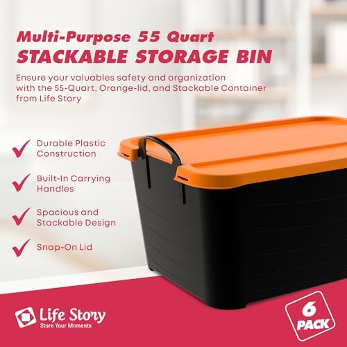 Life Story 6 Pack Stackable Storage Bin, 55 Qt Home Organizer, Black/Orange - Image 2
