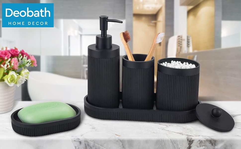 Bathroom Accessory Set 5Pcs-Lotion Soap Dispenser,Toothbrush Holder,Qtip Holder Dispenser,Vanity Tray and Soap Dish-Modern Bathroom Decor Vanity Countertop Organizer,Matte Black - Image 5