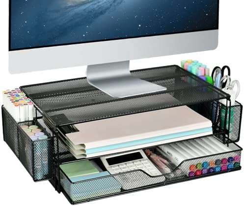 AUPSEN 2 Tier Computer Monitor Stands with Drawer and 2 Pencil Holder, Metal Monitor Stand Monitor riser, Computer Desk Organizer and Accessories for Laptop, Computer, Printer, Office Supplies(Black) by AUPSEN