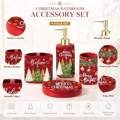 4 Pcs Christmas Ceramic Bathroom Accessories Gifts Xmas Tree Bath Tumbler Soap Dispenser Toothbrush Holder Soap Tray Merry Xmas Bathroom Decorations(Red Merry Christmas) - Image 3