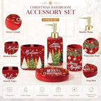 4 Pcs Christmas Ceramic Bathroom Accessories Gifts Xmas Tree Bath Tumbler Soap Dispenser Toothbrush Holder Soap Tray Merry Xmas Bathroom Decorations(Red Merry Christmas) - Image 3