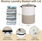 Laundry Basket with Lid, 15" x 20" Tall Woven Blanket Storage for Living Room, Round Cotton Rope Nursery Hamper with Zipper, Lidded Kids Toy Bin, Large Decorative Basket with Cover, Brown - Image 2