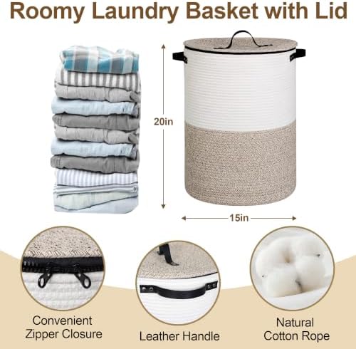 Laundry Basket with Lid, 15" x 20" Tall Woven Blanket Storage for Living Room, Round Cotton Rope Nursery Hamper with Zipper, Lidded Kids Toy Bin, Large Decorative Basket with Cover, Brown - Image 2