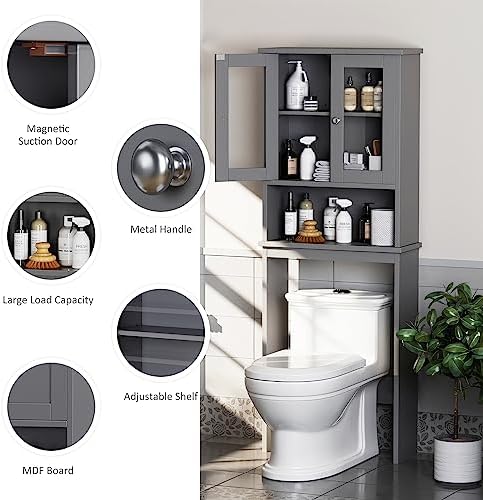 Over the Toilet Storage Cabinet for Bathroom, Storage Organizer Over Toilet, Bathroom Space Saver with Tempered Glass Doors, Gray - Image 5