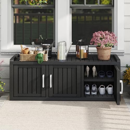 2-Tier Storage Bench, Waterproof UV-Resistant Outdoor Shoe Storage Cabinet with 3 Doors & Adjustable Shelves for Indoor Outdoor Entryway, Hallway, Living Room (Black) - Image 2