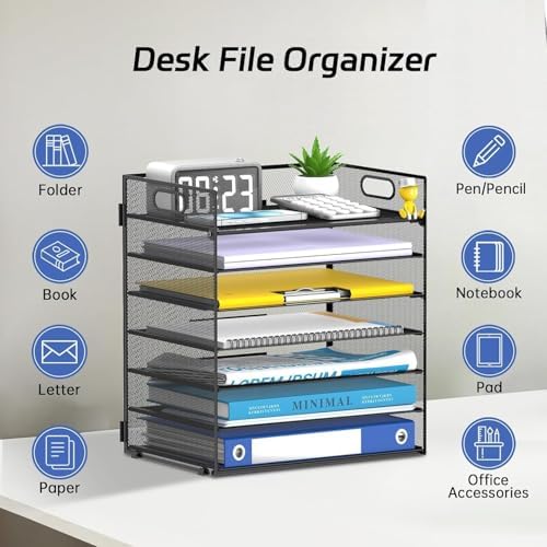 7 Tier Paper Organizer for Desk with Mesh Letter Trays and Handle 2 Pack - Image 5