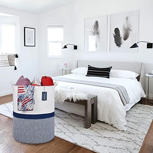 COMSE Tall Woven Blanket & Laundry Basket, 72L, Blend White & Navy Blue - Image 5