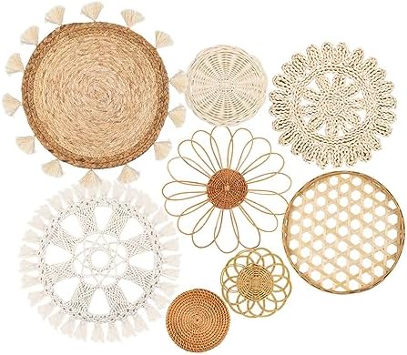 Boho Wall Basket Decor Set of 8 - Flat Woven Basket Wall Hanging Decor,Round Tassels White Macrame Tapestry Wall Decor Art,Handmade Rattan Wicker Seagrass Home Wall Baskets Decor（Boho Classic) by BohoHomeDecorProducts