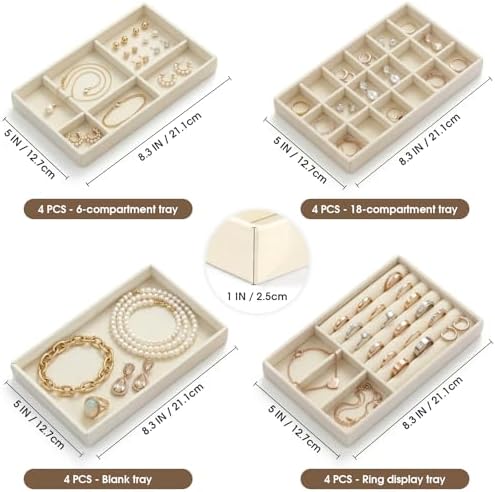 16 Pack Velvet Jewelry Trays for Drawers, Stackable Jewelry Organizer Trays with Dividers, 8.3 x 5 in Drawer Inserts for Rings Necklaces Earrings Bracelets, Beige - Image 2