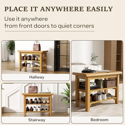 Shoe Rack Bench Mid Century Modern 2-Tier Shoe Rack Organizer for Entryway Hallway or Living Room Farmhouse Rustic Wooden Seat Bench Natural 11.8" Dx23.6 Wx16.5 H - Image 3