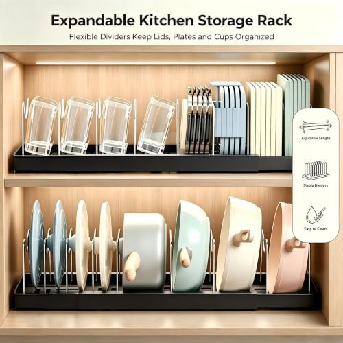 Expandable Pot Lid Organizer for Cabinet, Adjustable Cookware Organizer with 9 Removable Stainless Steel Dividers for Pans, Cutting Boards, Baking Sheets & Container Lids - Image 6