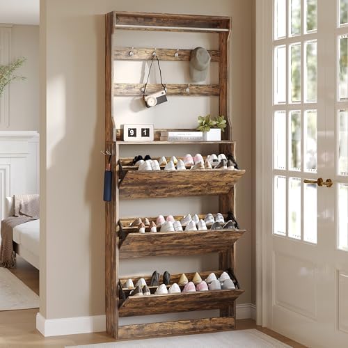 Wodeer Tall Shoe Cabinet with Coat Rack, Hidden Shoe Storage Cabinet with Doors & Drawer, Hanging Bar & Hooks, Slim Narrow Freestanding Shoe Rack Organizer for Entryway, Hallway & Living Room, Brown by WODEER