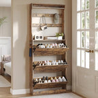 Wodeer Tall Shoe Cabinet with Coat Rack, Hidden Shoe Storage Cabinet with Doors & Drawer, Hanging Bar & Hooks, Slim Narrow Freestanding Shoe Rack Organizer for Entryway, Hallway & Living Room, Brown by WODEER