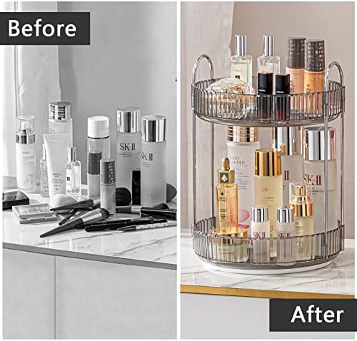 shuang qing Rotating Makeup Organizer for Vanity, High-Capacity Skincare Clear Make Up Storage Perfume Organizers Cosmetic Dresser Organizer Countertop 360 Spinning (Gray, 2 Tier) - Image 4