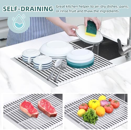 Ohuhu Over Sink Dish Drying Rack, 17.6" W x 15.4" L Roll Up Dish Racks Kitchen Sink Organizer Silicone Wrapped Large in Sink Dish Drying Rack Foldable Rolling Drain Mats Anti-Slip - Image 3