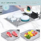Ohuhu Over Sink Dish Drying Rack, 17.6" W x 15.4" L Roll Up Dish Racks Kitchen Sink Organizer Silicone Wrapped Large in Sink Dish Drying Rack Foldable Rolling Drain Mats Anti-Slip - Image 3