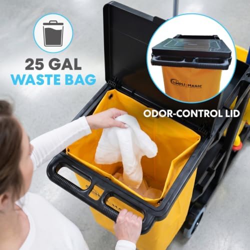 Simpli-Magic Commercial Cleaning Cart with Waste Bag & Lid, Janitorial Utility Cart with 3 Shelves, Mop & Broom Holders, 330 lb Capacity, Yellow/Grey - Image 4