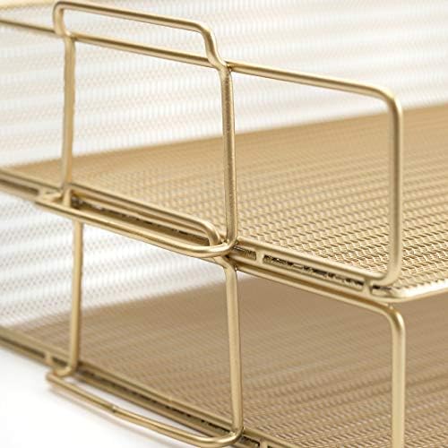 BLU MONACO | Paper Tray Stackable Gold Mesh Set of 2 | Stackable File Trays for Desk Organization | Tiered Desk Organizer with Metal Letter Trays - Image 5
