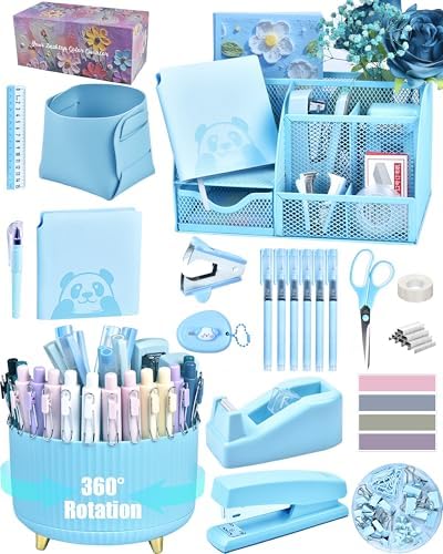 Blue Desk Accessories and Organizers with Desk Organizer and 360°Rotating Pen Holder stapler Pen and a Lot of Office Blue Office Supplies Beautifully Presented in a Gift Box by Vamrak