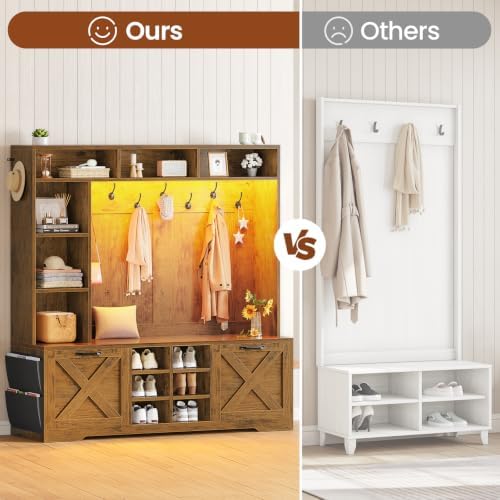 Itaar Hall Tree with Bench and Shoe Storage, 59.1" Farmhouse Entryway Bench with Coat Rack, Shoe Cabinet with Flip Drawers, 12 Shelves, 9 Coat Hooks, Storage Bag, Led Lights, Rustic Brown - Image 4
