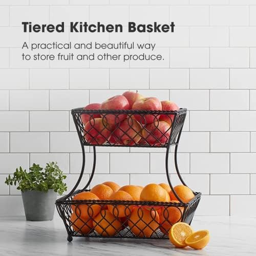 Gourmet Basics by Mikasa Loop and Lattice 2-Tier Rectangular Metal Countertop Basket, 14.25 x 12 Inches, Antique Black Finish, Kitchen Fruit and Bread Storage Organizer - Image 2