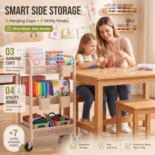 3 Tier Heavy Duty Metal Rolling Utility Cart Organizer with Wheels, Beige - Image 6