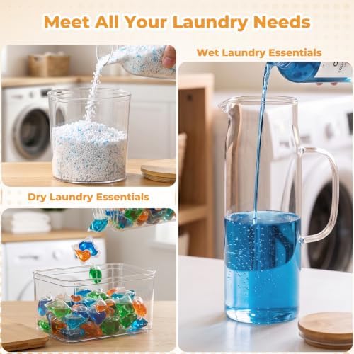 Acrylic Laundry Pod Containers and Dryer Sheet Holder & Glass Laundry Detergent Dispenser with Handle, Labels, and Spoons, for Laundry Room Organization and Storage (4 Pack, Wood Brown) - Image 5