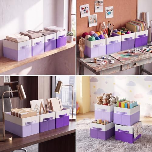 Junkin 4 Pcs Purple Collapsible Storage Baskets Cube Storage Bins 14''x10''x9'' Large Closet Organizers and Storages for Shelves Room Decor Colorful Foldable Baskets with Handle for Nursery - Image 6