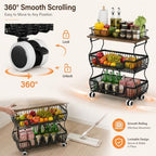 Fruit and Vegetable Storage, 2 Pack 3 Tier Fruit Basket with Wooden Top Table Kitchen Pantry Storage Bins and Organizers, Stackable Metal Rolling Cart for Vegetable Snacks Drinks Onion Organization - Image 5
