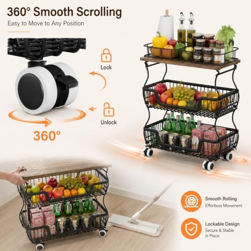 Fruit and Vegetable Storage, 2 Pack 3 Tier Fruit Basket with Wooden Top Table Kitchen Pantry Storage Bins and Organizers, Stackable Metal Rolling Cart for Vegetable Snacks Drinks Onion Organization - Image 5