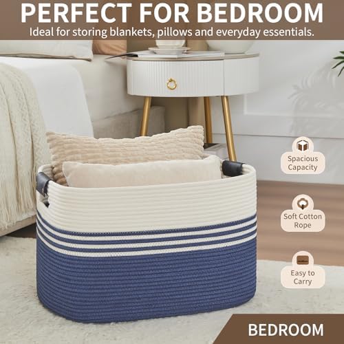 Laundry Hamper with Handles, 72L Rope Laundry Basket, Dark Blue & White - Image 6