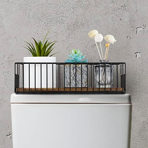 MyGift Toilet Paper Roll Holder Basket, Industrial Matte Black Metal Wire and Rustic Burnt Wood Above Tank Bathroom Toiletries Storage Organizer Vanity Basket - Image 2